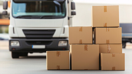 Stacked cardboard boxes in front of a delivery truck at a loading area during daytime