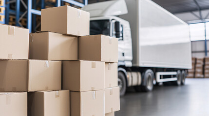 Stacked cardboard boxes in a warehouse with a delivery truck in the background (2)