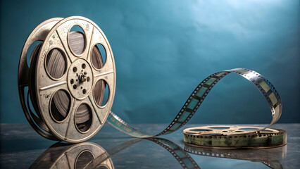 Obraz premium A vintage film reel and a strip of film reflecting on a sleek, gradient blue background, symbolizing the cinema industry
