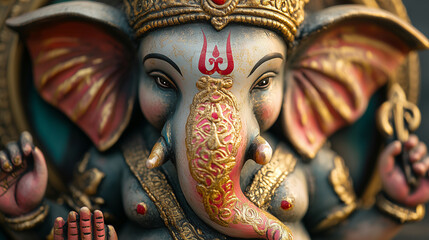 Fototapeta premium A vibrant close-up of Ganeshaâs decorated trunk, adorned with sacred red and gold markings