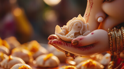 Ganeshaâs hand delicately lifting a modak, with rich textures of the sweet clearly visible, symbolizing blessings and joy