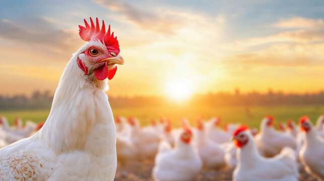 Free range broiler chickens enjoying a beautiful sunrise on the farm