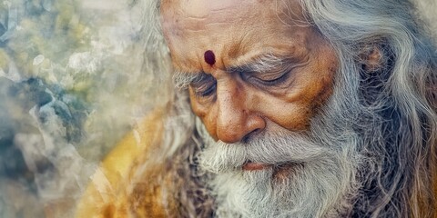 Obraz premium A wise old man with a beard, possibly a monk or spiritual leader, contemplating life in what appears to be India.