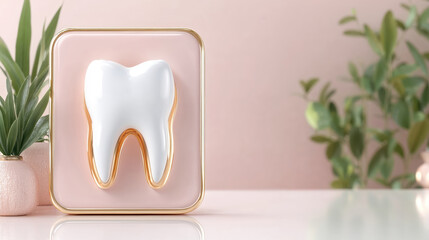 White tooth promoting dental health and hygiene on pink background