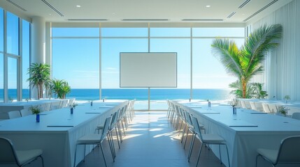 Oceanfront conference room with scenic view, natural light, and elegant setup for events