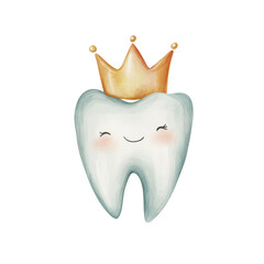 Smiling tooth with gold crown on transparent background – cute dental illustration isolated png
