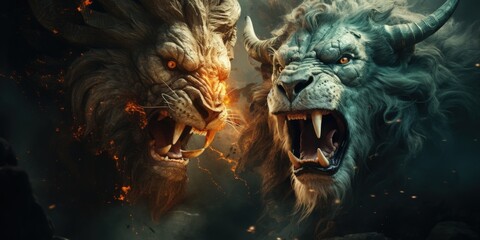 Mythical lion beasts clashing, fiery background, fantasy art, game concept.