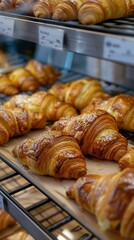 Freshly baked croissants on display at a local bakery showcasing their golden and flaky texture in the morning light
