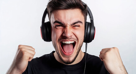 Excited young man listening to music on headphones and raising fists in celebration