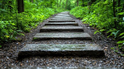 Obraz premium Stone steps in a lush forest path. Background greenery, nature walk