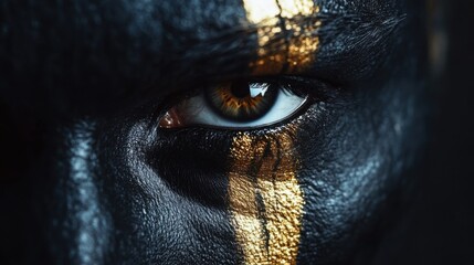 Naklejka premium Intense close-up of eye with dramatic black and gold face paint