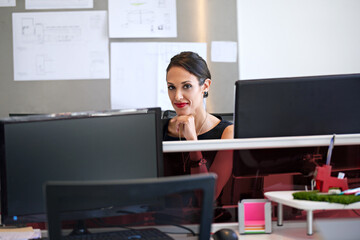 Smile, architecture and portrait of woman at desk with confidence, computer and design in office. Businesswoman, creative consultant and happy face of architect with blueprint at digital agency