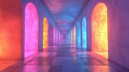 Fototapeta premium Colorful hallway with vibrant arches and reflective floor in a tunnel-like space