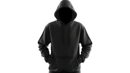 Hooded person wearing black hoodie with hands in pockets on transparent background