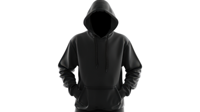 Hooded person wearing black hoodie with hands in pockets on transparent background