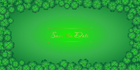 Save the date Green Shamrock clover banner. St Patrick day symbols background, leprechaun leaf template. Shamrock clover copy space card.