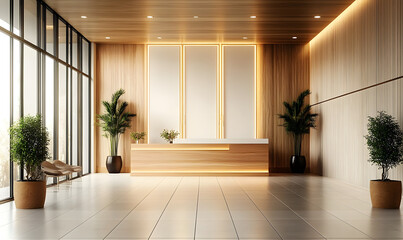 Interior of modern hotel lobby with white and wooden walls, tiled floor, wooden reception counter and vertical mock up posters. Generative AI