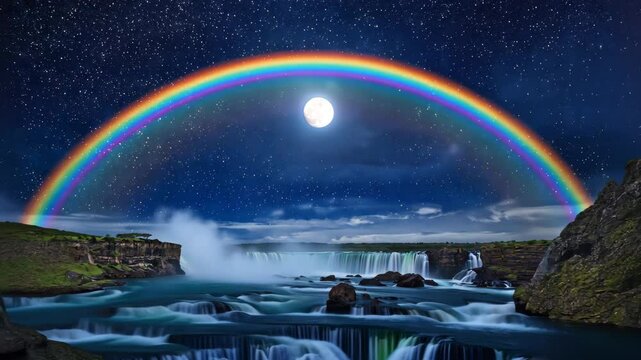Stunning night sky with a full moon and a vibrant rainbow arching over a powerful waterfall, creating a magical and surreal scene