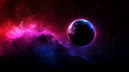 A vibrant cosmic scene featuring a dark planet against a backdrop of pink and blue nebulae.