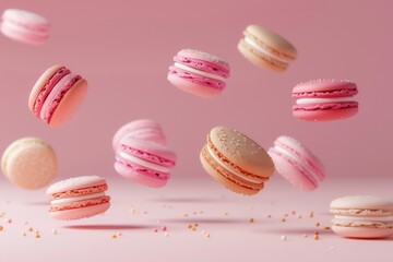 Obraz premium Colorful macarons floating gracefully in a pastel setting create a whimsical and minimalistic aesthetic