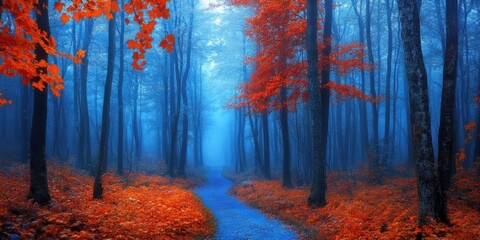 A picturesque autumn scene with a winding path through a vibrant forest filled with fall colors.