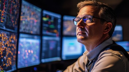 Focused male analyst in office with multiple monitors displaying data and charts