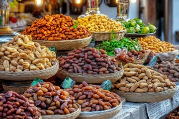 Vibrant display of assorted nuts and dried fruits at a local market.
