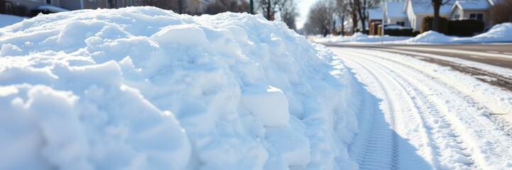 Snow pile in bright winter sunlight representing a serene snowy landscape against a residential street