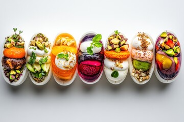 Vibrant assortment of gourmet desserts served in stylish cups.