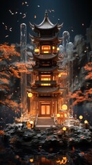 Fototapeta premium Illuminated Pagoda at Night Fantasy Asian Temple.