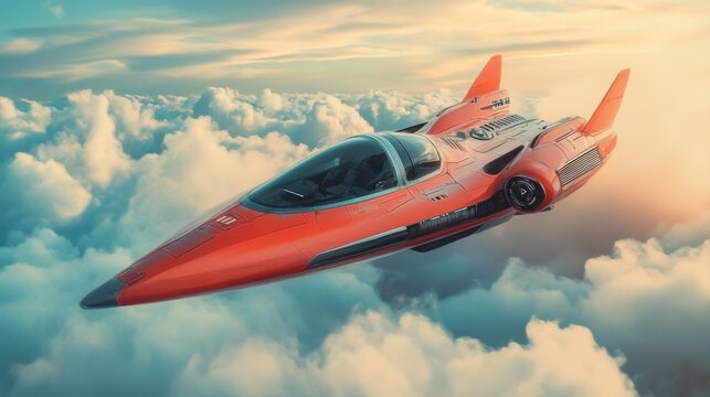 Futuristic red spaceship soaring above clouds in a serene sky with orange jets
