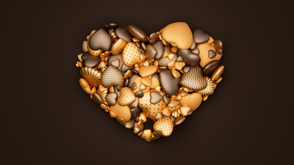 Many golden and chocolate textured hearts in form of a big heart on dark backdrop. Valentine day background. 3d render illustration