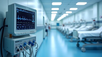 Fototapeta premium Modern hospital ward with advanced patient monitoring system, ICU beds, and medical equipment for healthcare.