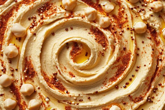 Swirled creamy hummus topped with spices and olive oil.