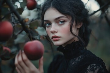 Young girl holding an apple in a forest.