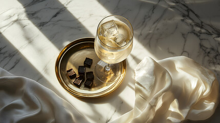 A refreshing drink with ice, served alongside dark chocolate squares on a golden tray. Sunlight streams through a window, illuminating the scene.