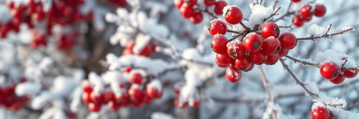 Red berries with a serene mood against a snowy backdrop