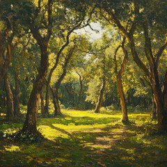 Obraz premium A serene forest clearing, tall oak trees forming a natural canopy, golden sunlight filtering through vibrant green leaves
