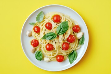 Delicious pasta dish with tomatoes and fresh basil, topped with a drizzle of balsamic and olive oil. Gourmet Italian food.