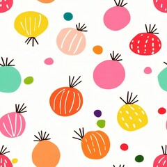 Colorful abstract pattern featuring whimsical fruit shapes on a white background, ideal for textiles or decoration projects