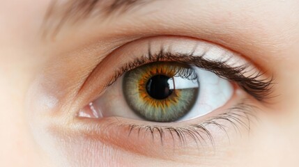 Obraz premium Close up view revealing hazel eye's intricate texture, blending green brown tones, highlighting defined pupil and fine eyelash fringe