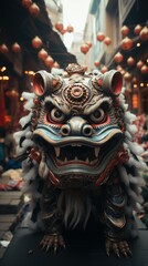 Obraz premium Lion Dance Costume, City Street, Festival, Close-up, Asian Culture.