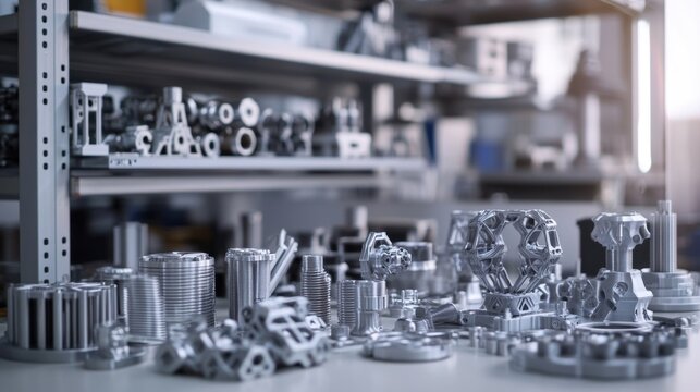 Various complex metal prototypes are displayed on a table in a modern factory, showcasing the capabilities of additive manufacturing and innovative production techniques