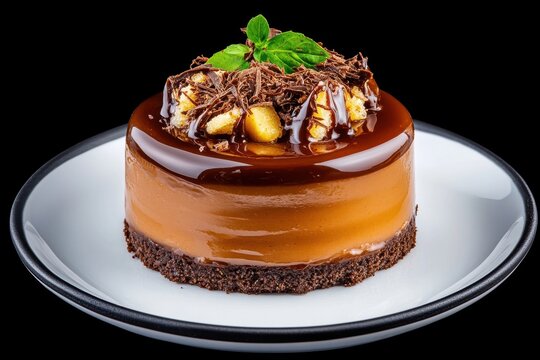 Elegant chocolate dessert with layers, decorated with nuts and mint.