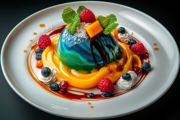 Vibrant and artistic gourmet dessert with fresh fruits and sauces.