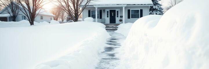Snow-covered house with a serene mood representing winter against a tranquil suburban background