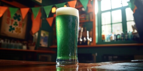Close up of a tall glass of green beer served in an Irish pub on St Patrick's Day. The beer has foamy head and is poured into the glass with care.