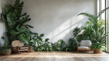 Cozy living room with tropical indoor plants and sunlight streaming through large windows