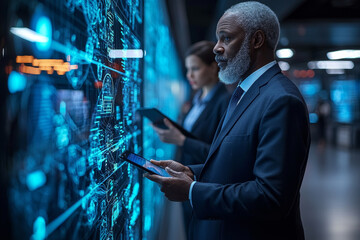 diverse group of professionals analyzing data on digital screens, showcasing technology and teamwork in modern workspace. Their focused expressions reflect engagement and collaboration