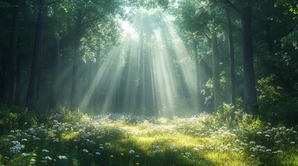 Fototapeta premium Enchanted Glade: A Captivating Woodland Scene with Sunlight Filtering Through Lush Trees, Emanating Tranquility and Warmth